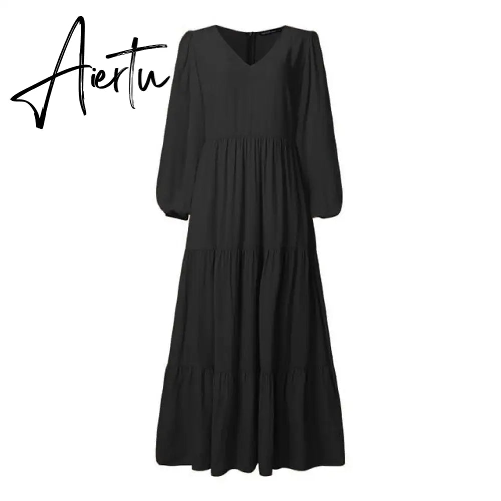 Stylish Ruffle Maxi Dress Casual Puff Sleeve Tunic Vestidos Female Solid Robe Women's Autumn Sundress Aiertu