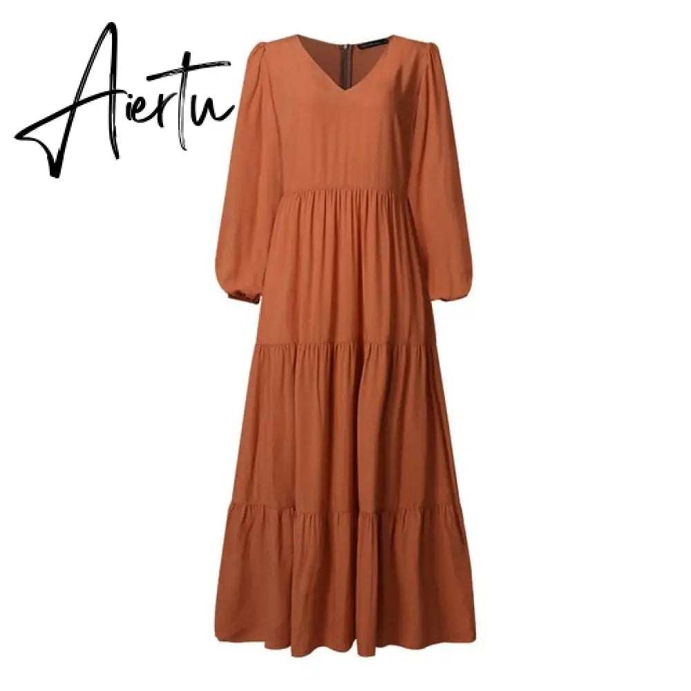 Stylish Ruffle Maxi Dress Casual Puff Sleeve Tunic Vestidos Female Solid Robe Women's Autumn Sundress Aiertu