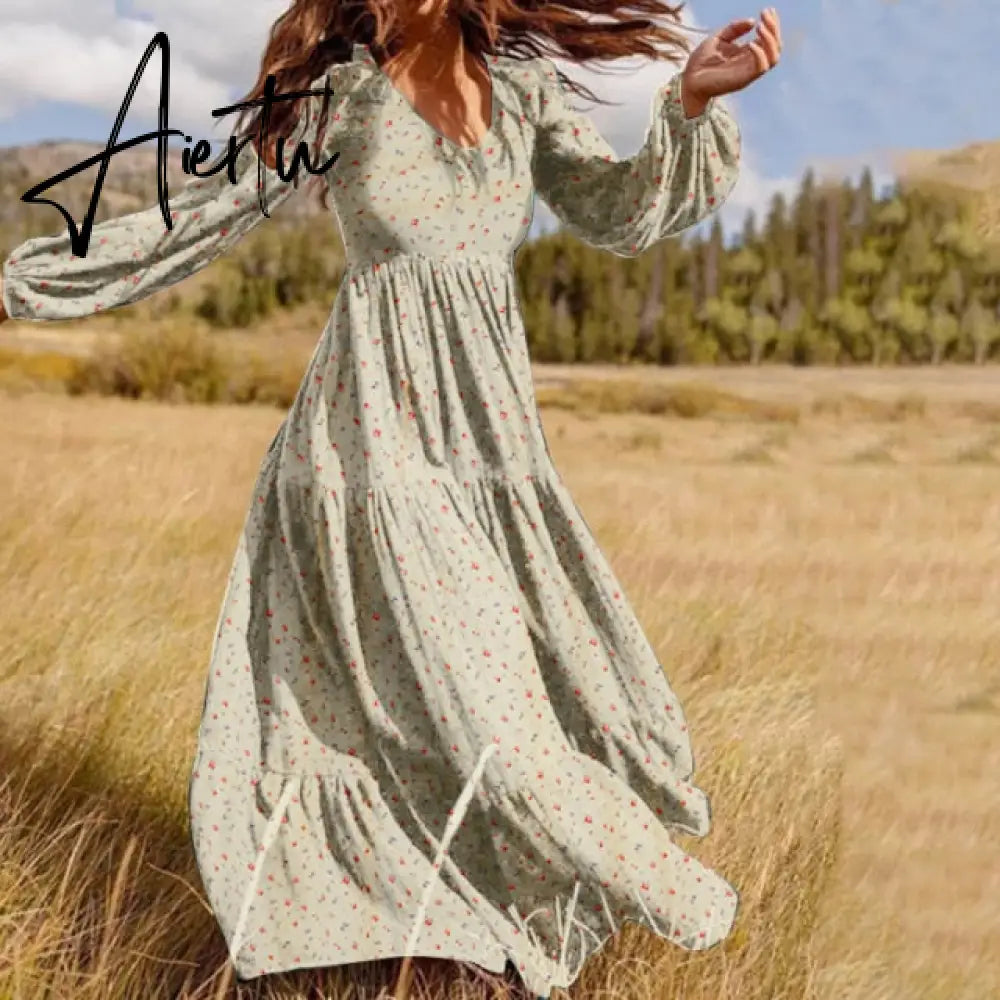 Stylish Ruffle Maxi Dress Casual Puff Sleeve Tunic Vestidos Female Solid Robe Women's Autumn Sundress Aiertu