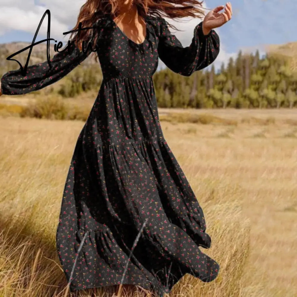 Stylish Ruffle Maxi Dress Casual Puff Sleeve Tunic Vestidos Female Solid Robe Women's Autumn Sundress Aiertu