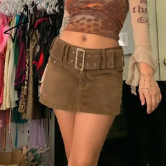 SUCHCUTE Vintage Corduroy Women's Mini Skirt With Sashes Streetwear E Girl Party 90s Outfits High Waist Short Skirts Aiertu