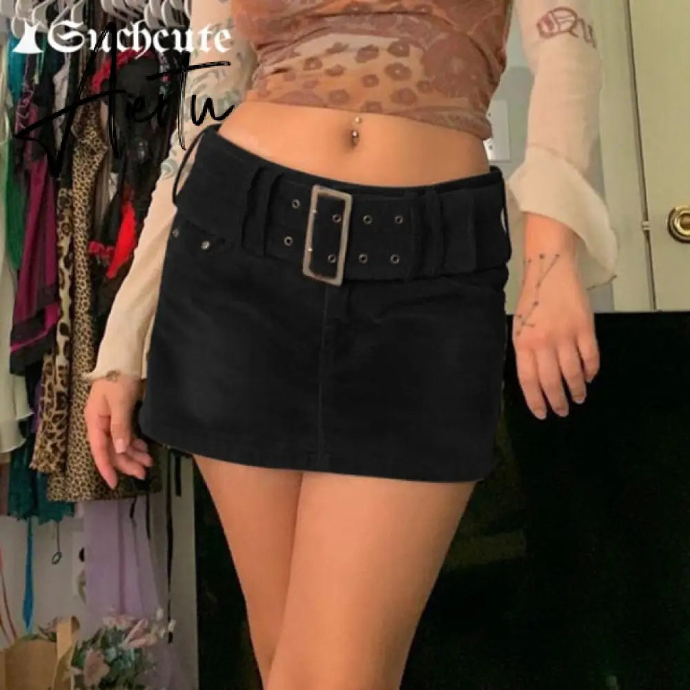 SUCHCUTE Vintage Corduroy Women's Mini Skirt With Sashes Streetwear E Girl Party 90s Outfits High Waist Short Skirts Aiertu