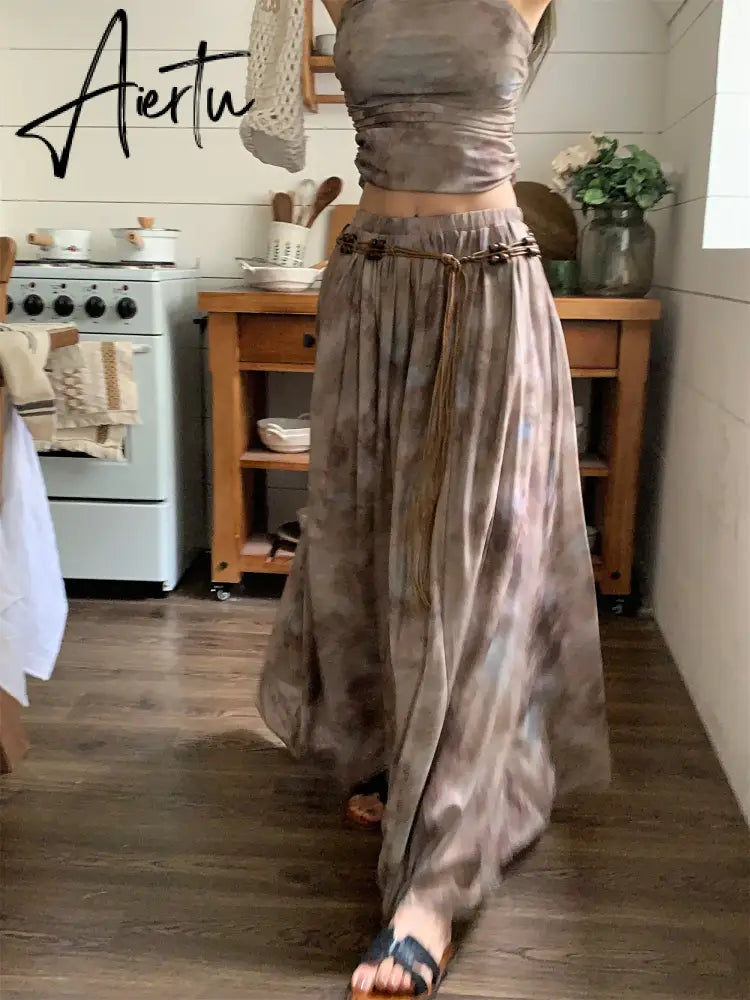 Summer Apricot Vest Skirt Womens Tie-dyed Two Piece Set Fashion Y2K Belt NEW Female Temperament Elegant Party Long Dress Aiertu