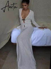 Summer Beach Holiday Knitted Maxi Dress Outfits for Women Party Club Long Sleeve See Through Dresses Hollow Out Aiertu