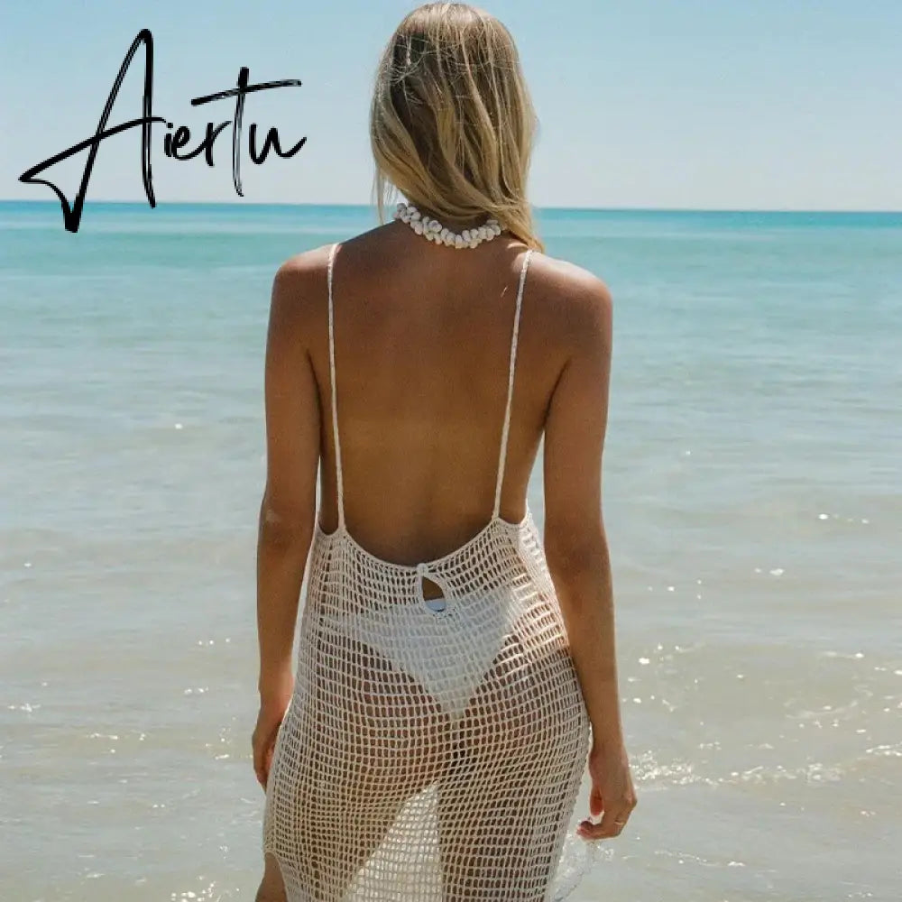 Summer Beach Knitted Backless Spaghetti Strap Maxi Dress for Women Holiday Hollow Out Split Long Dresses Clothes Aiertu