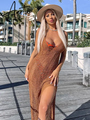 Summer Beach Knitted Backless Spaghetti Strap Maxi Dress for Women Holiday Hollow Out Split Long Dresses Clothes Aiertu