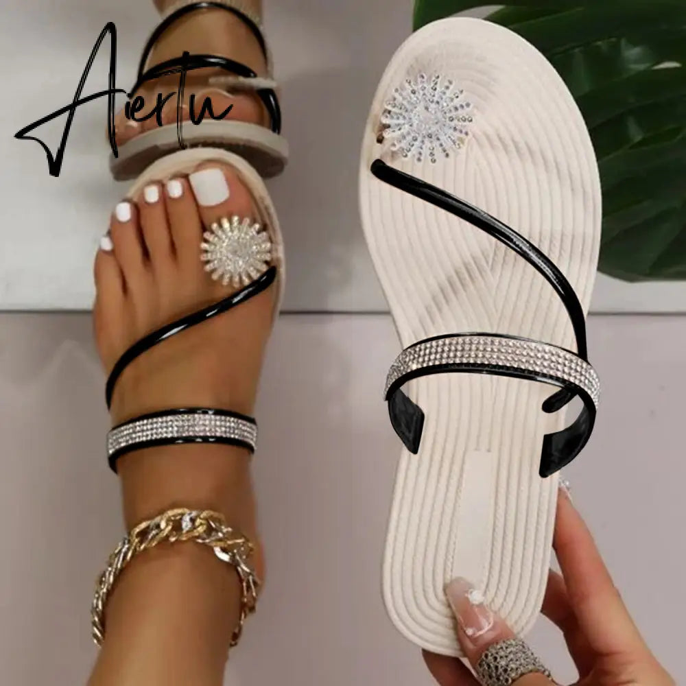 Summer Beach Slippers Women Pearl Set Toe Elastic Sandals Flat Strap Casual Home Sandals Slippers Beach Slippers Zapatos Mujer Aiertu