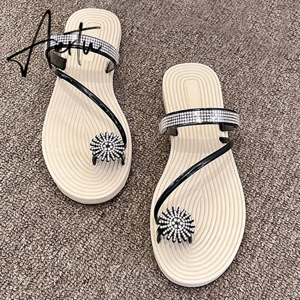 Summer Beach Slippers Women Pearl Set Toe Elastic Sandals Flat Strap Casual Home Sandals Slippers Beach Slippers Zapatos Mujer Aiertu
