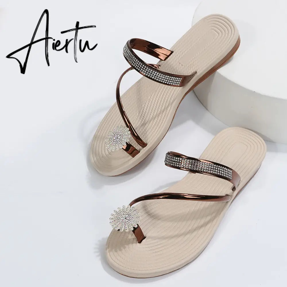 Summer Beach Slippers Women Pearl Set Toe Elastic Sandals Flat Strap Casual Home Sandals Slippers Beach Slippers Zapatos Mujer Aiertu