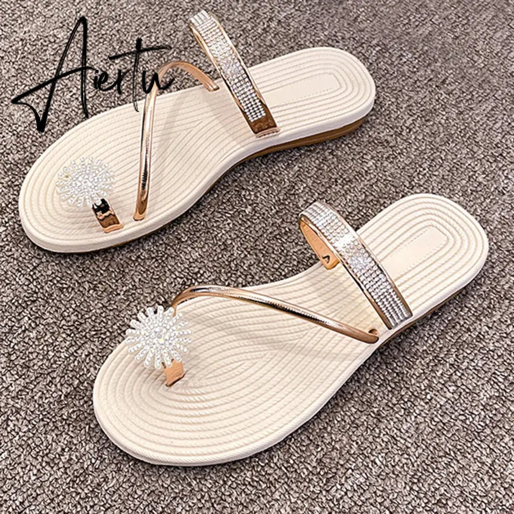 Summer Beach Slippers Women Pearl Set Toe Elastic Sandals Flat Strap Casual Home Sandals Slippers Beach Slippers Zapatos Mujer Aiertu