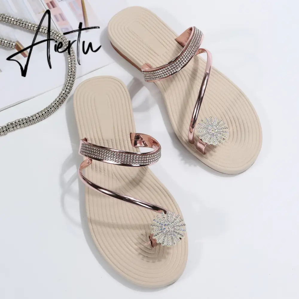 Summer Beach Slippers Women Pearl Set Toe Elastic Sandals Flat Strap Casual Home Sandals Slippers Beach Slippers Zapatos Mujer Aiertu