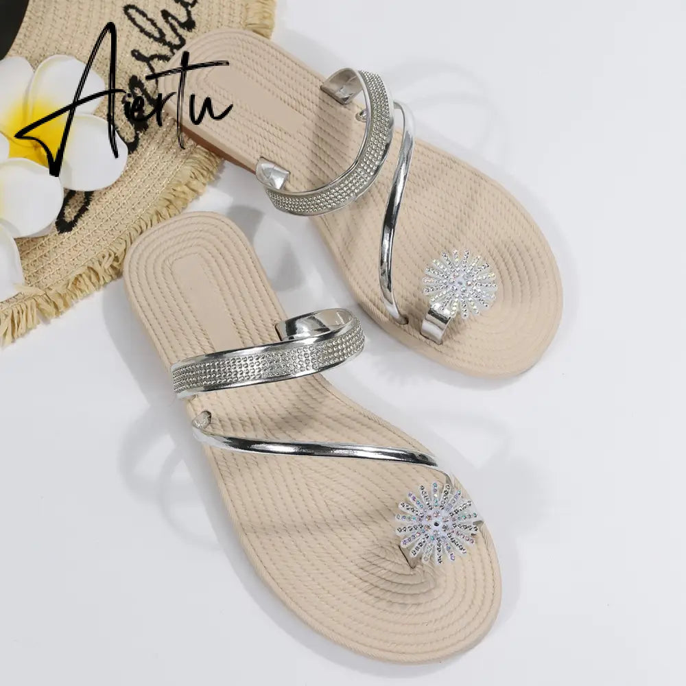 Summer Beach Slippers Women Pearl Set Toe Elastic Sandals Flat Strap Casual Home Sandals Slippers Beach Slippers Zapatos Mujer Aiertu