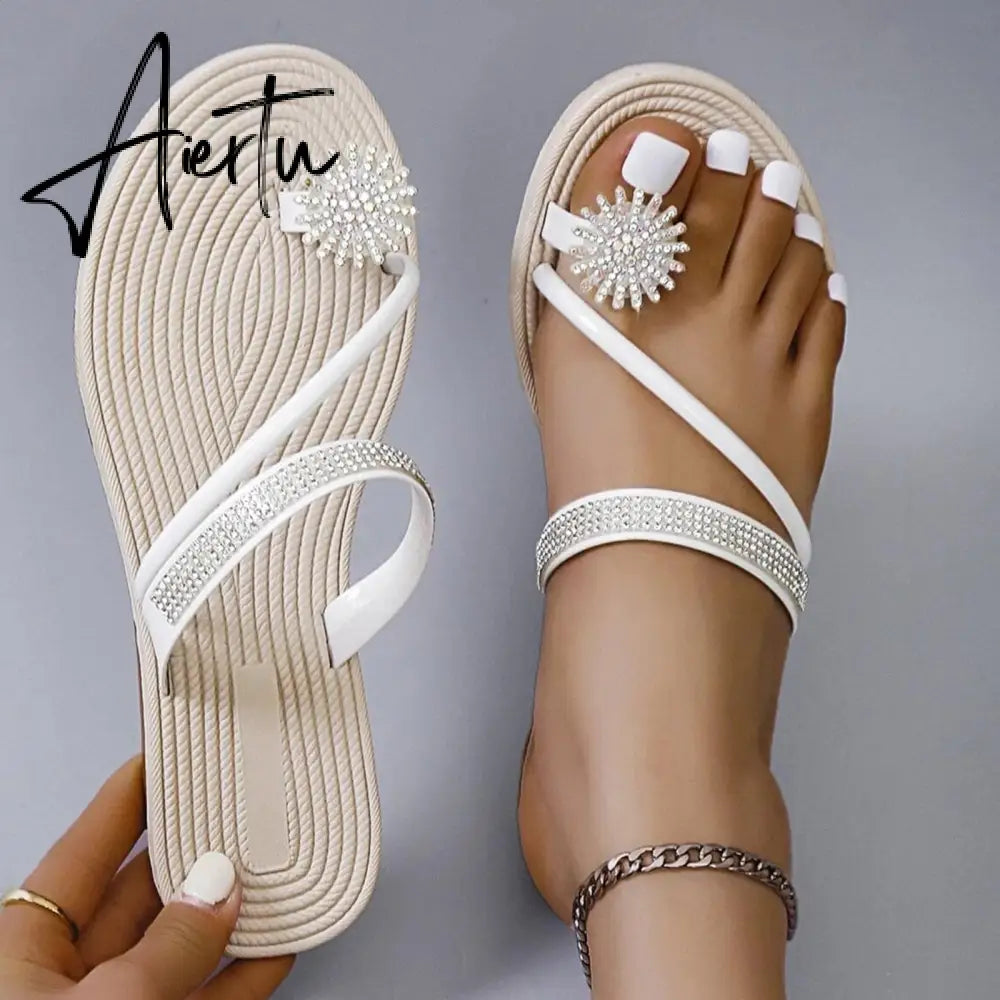 Summer Beach Slippers Women Pearl Set Toe Elastic Sandals Flat Strap Casual Home Sandals Slippers Beach Slippers Zapatos Mujer Aiertu