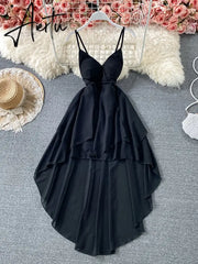 Summer Black/White Irregular Spaghetti Strap Long Dress Women Sexy Strapless High Waist Ruffle Open Back Vestidos New Robe Aiertu