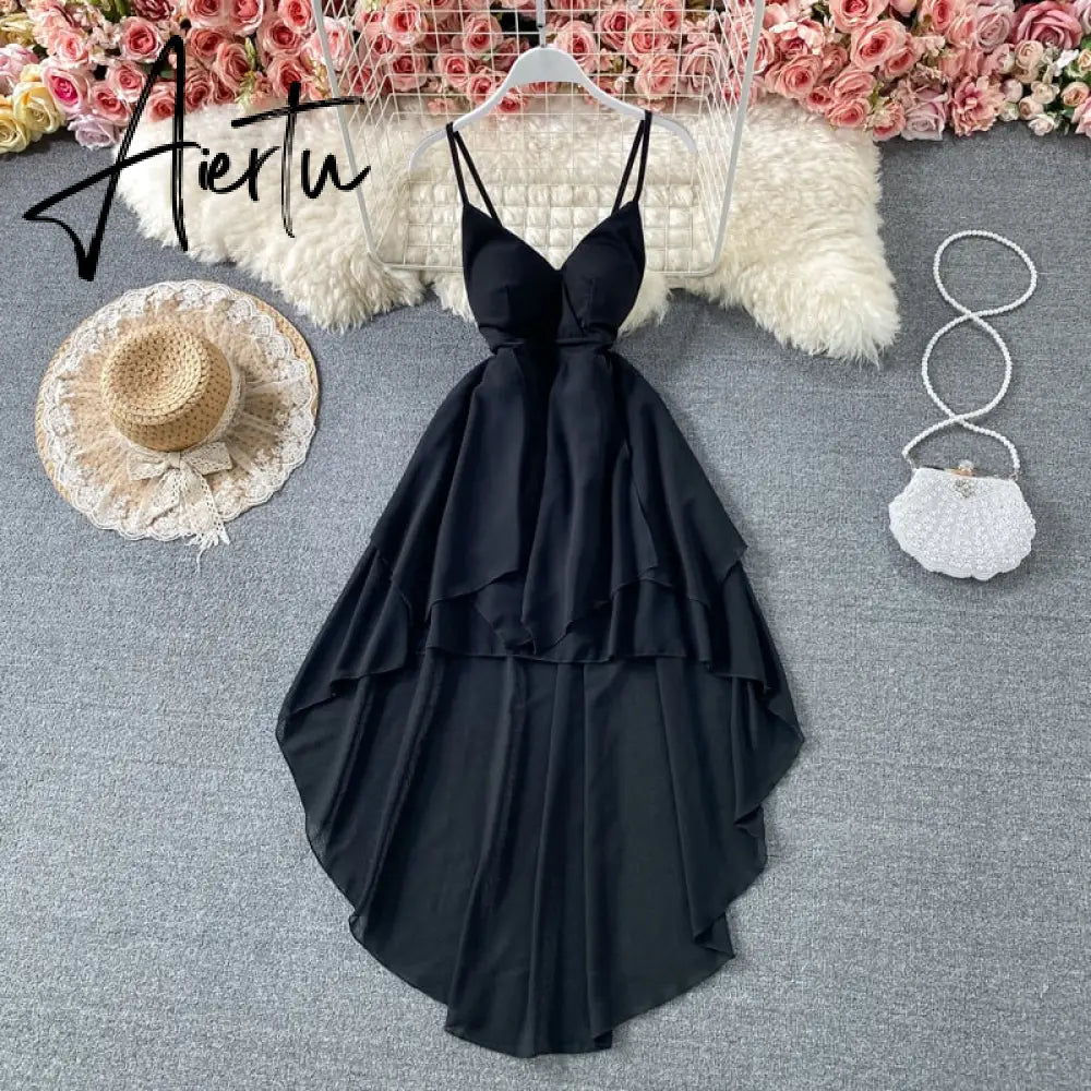 Summer Black/White Irregular Spaghetti Strap Long Dress Women Sexy Strapless High Waist Ruffle Open Back Vestidos New Robe Aiertu