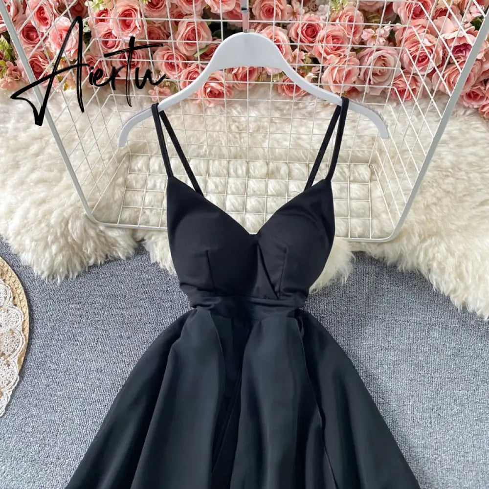 Summer Black/White Irregular Spaghetti Strap Long Dress Women Sexy Strapless High Waist Ruffle Open Back Vestidos New Robe Aiertu