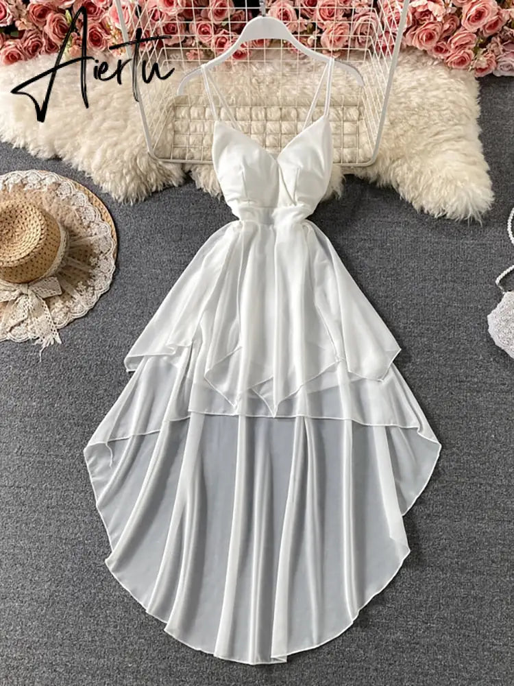 Summer Black/White Irregular Spaghetti Strap Long Dress Women Sexy Strapless High Waist Ruffle Open Back Vestidos New Robe Aiertu