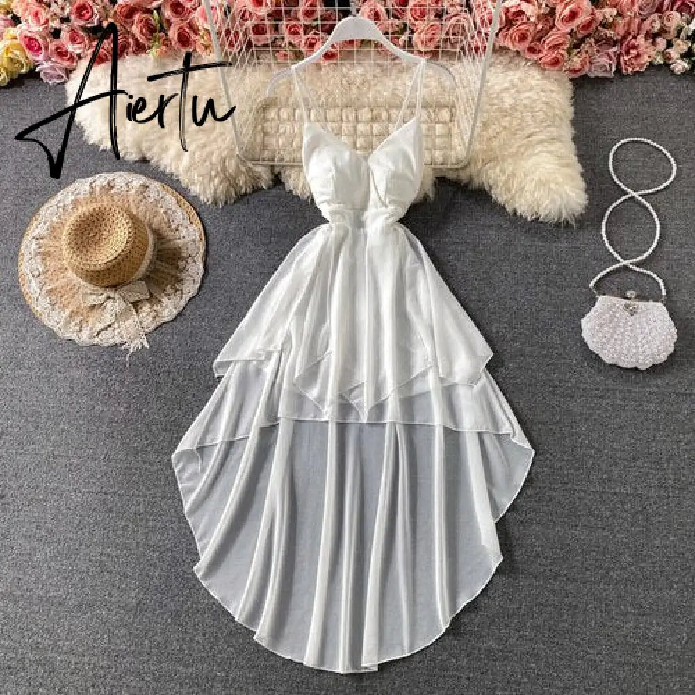 Summer Black/White Irregular Spaghetti Strap Long Dress Women Sexy Strapless High Waist Ruffle Open Back Vestidos New Robe Aiertu