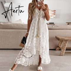 Summer Casual V-Neck Lace Patchwork Dress Women Mid-Calf Dress Sexy Hollow Out Sleeveless Spaghetti Strap Dress Vestidos Aiertu