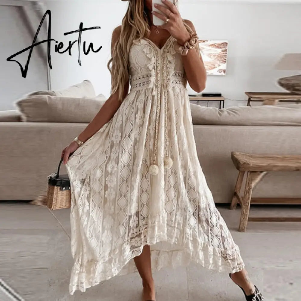 Summer Casual V-Neck Lace Patchwork Dress Women Mid-Calf Dress Sexy Hollow Out Sleeveless Spaghetti Strap Dress Vestidos Aiertu