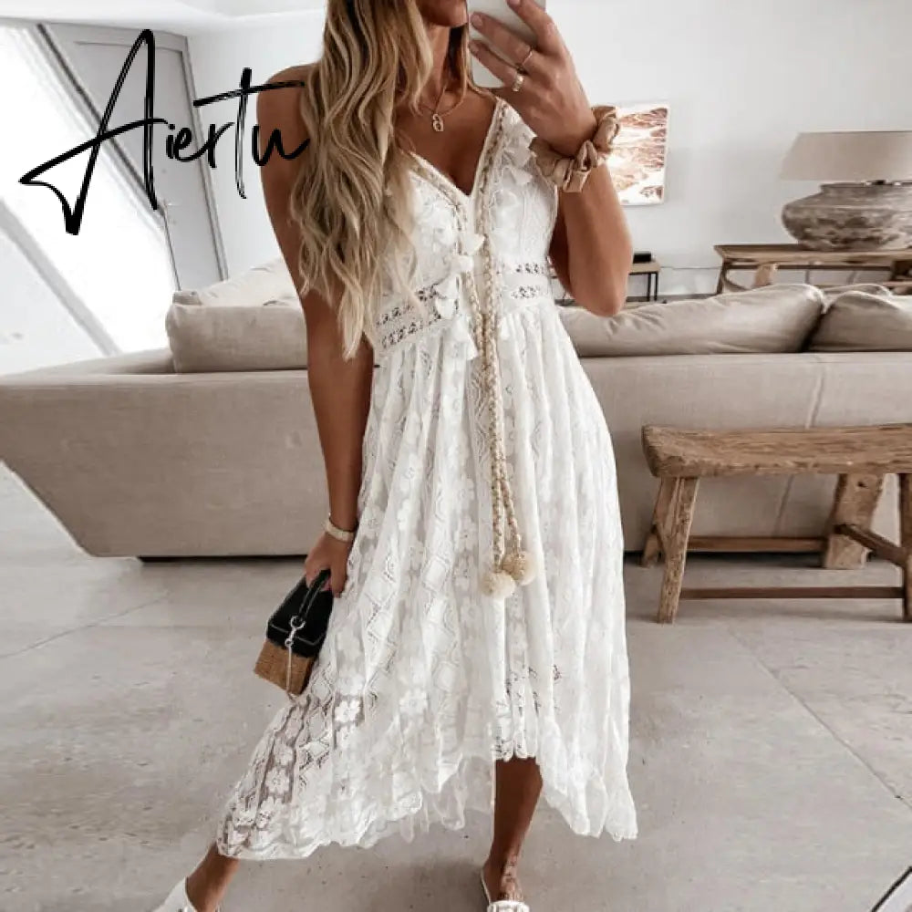 Summer Casual V-Neck Lace Patchwork Dress Women Mid-Calf Dress Sexy Hollow Out Sleeveless Spaghetti Strap Dress Vestidos Aiertu