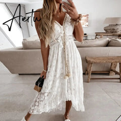 Summer Casual V-Neck Lace Patchwork Dress Women Mid-Calf Dress Sexy Hollow Out Sleeveless Spaghetti Strap Dress Vestidos Aiertu