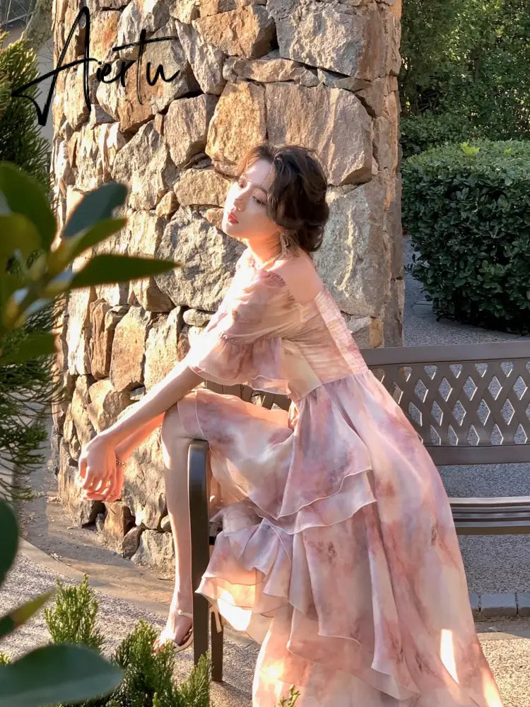 Summer Chiffon Fairy Princess Puff Sleeve Long-sleeved Dress Vintage Temperament Birthday Princess Long Dress Long Sweet Fairy Aiertu