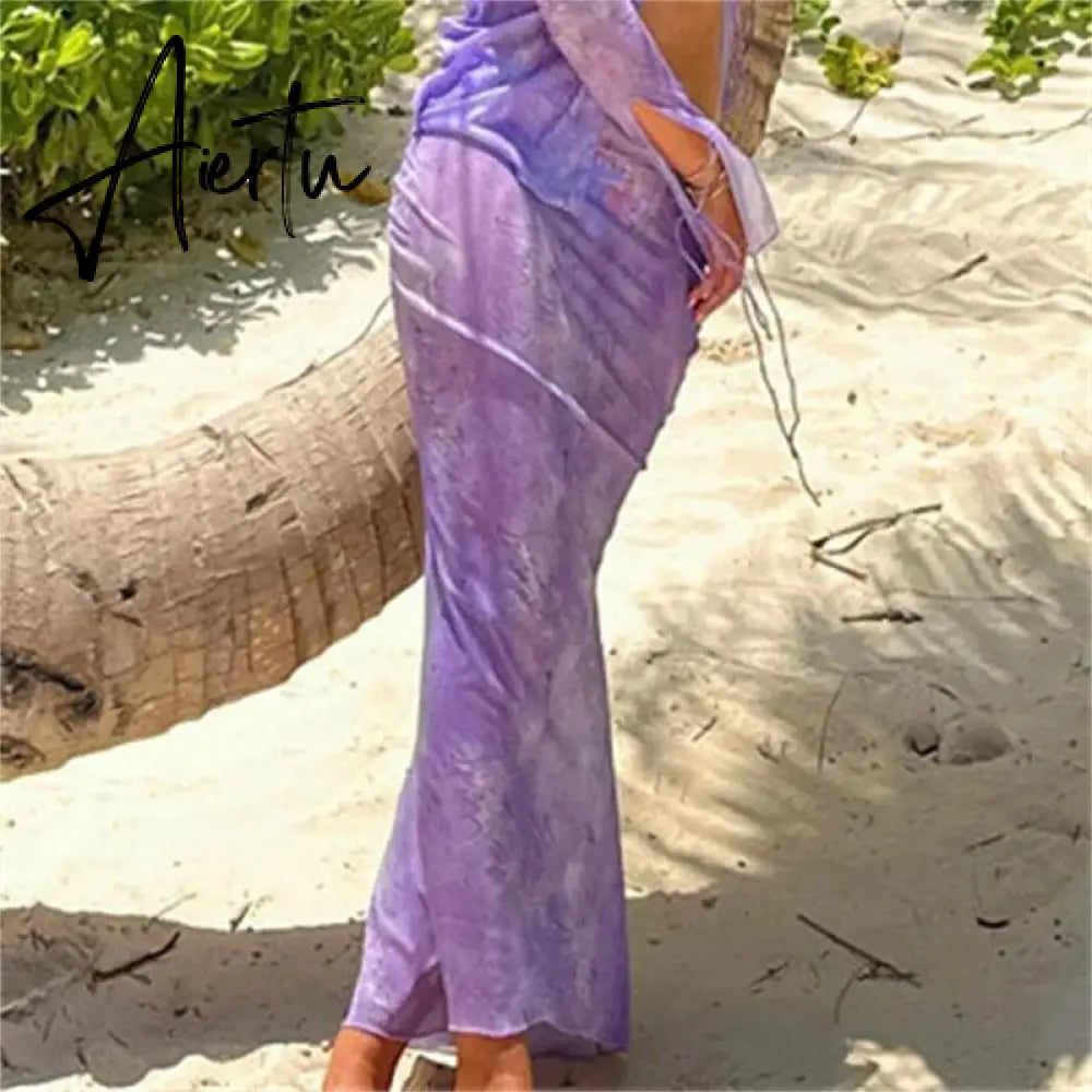Summer Chiffon Fashion Maxi Skirt cover-up Women Elegant High Waist printed Holiday See-Through Printed Female Long Skirt Aiertu