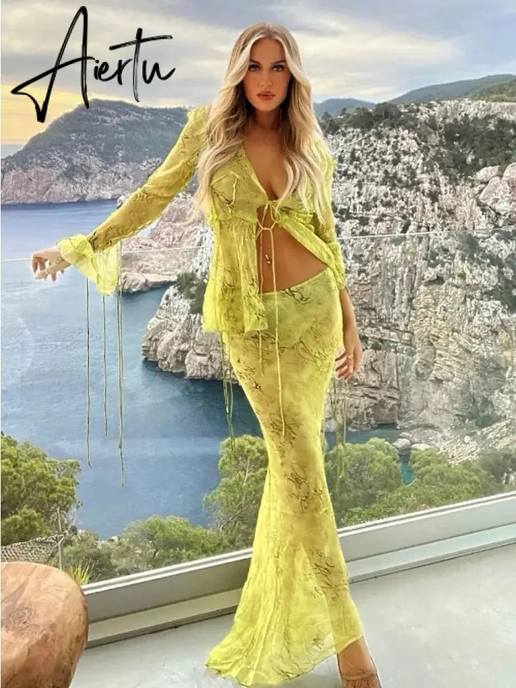 Summer Chiffon Fashion Maxi Skirt cover-up Women Elegant High Waist printed Holiday See-Through Printed Female Long Skirt Aiertu