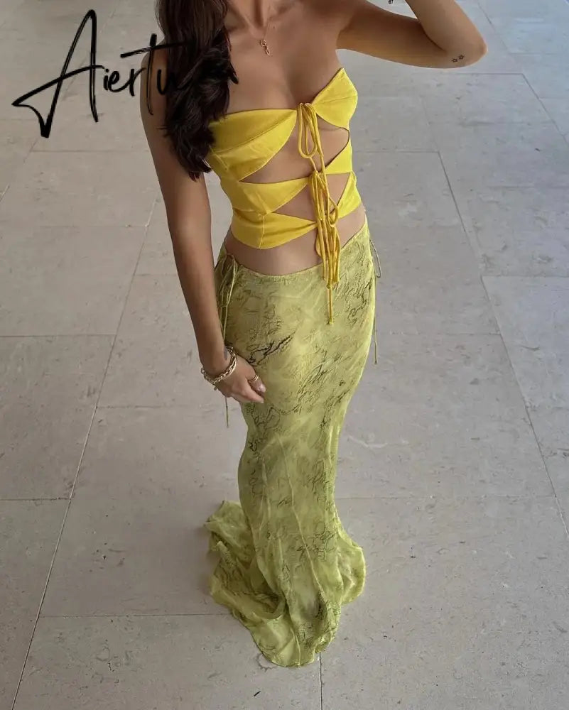 Summer Chiffon Fashion Maxi Skirt cover-up Women Elegant High Waist printed Holiday See-Through Printed Female Long Skirt Aiertu