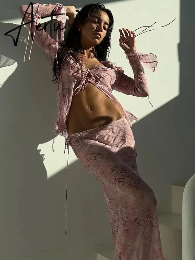 Summer Chiffon Fashion Maxi Skirt cover-up Women Elegant High Waist printed Holiday See-Through Printed Female Long Skirt Aiertu