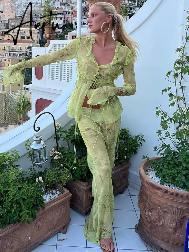 Summer Chiffon Fashion Maxi Skirt cover-up Women Elegant High Waist printed Holiday See-Through Printed Female Long Skirt Aiertu