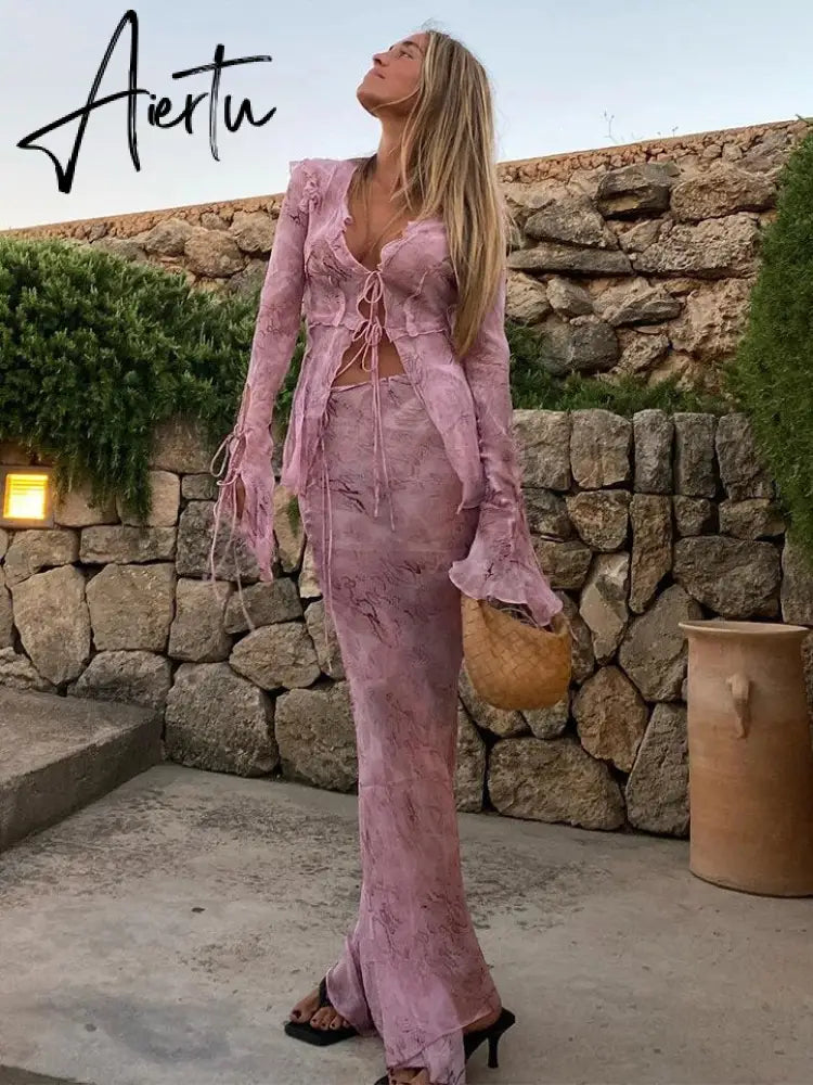 Summer Chiffon Fashion Maxi Skirt cover-up Women Elegant High Waist printed Holiday See-Through Printed Female Long Skirt Aiertu