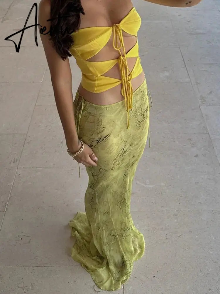 Summer Chiffon Fashion Maxi Skirt cover-up Women Elegant High Waist printed Holiday See-Through Printed Female Long Skirt Aiertu