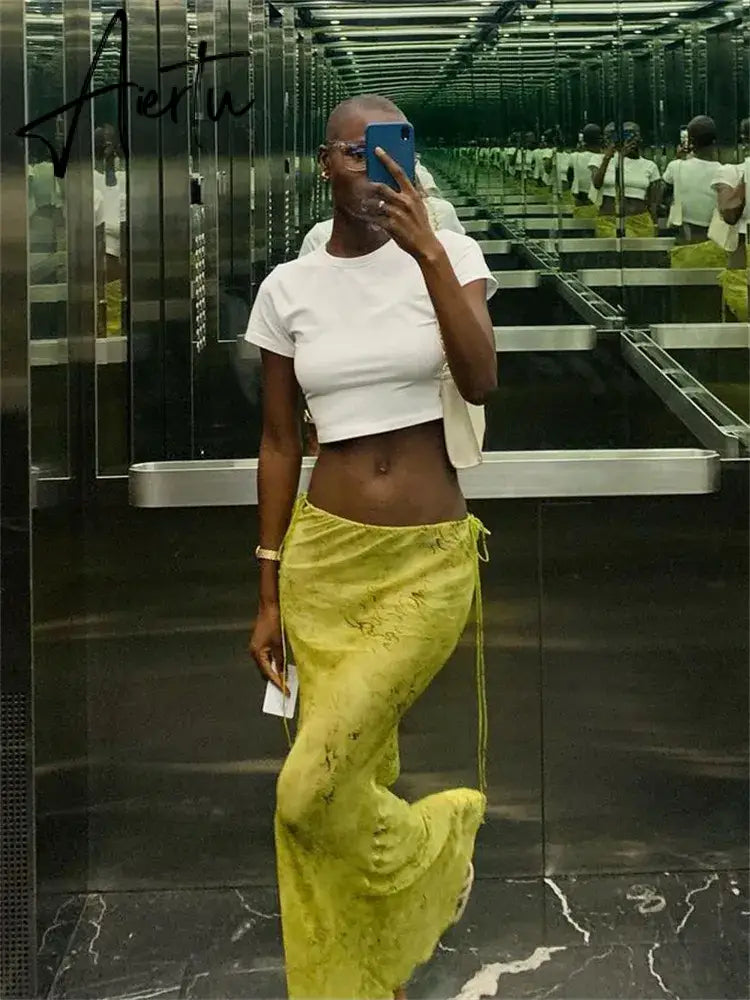 Summer Chiffon Fashion Maxi Skirt cover-up Women Elegant High Waist printed Holiday See-Through Printed Female Long Skirt Aiertu