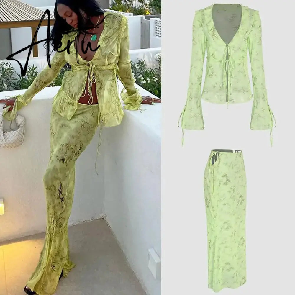 Summer Chiffon Fashion Maxi Skirt cover-up Women Elegant High Waist printed Holiday See-Through Printed Female Long Skirt Aiertu