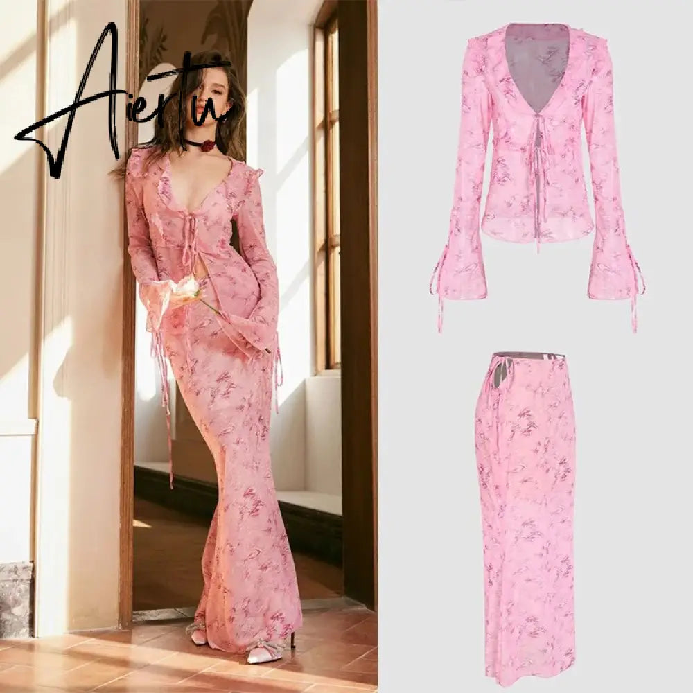 Summer Chiffon Fashion Maxi Skirt cover-up Women Elegant High Waist printed Holiday See-Through Printed Female Long Skirt Aiertu