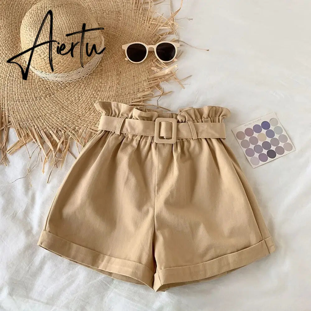 Summer Cotton Shorts Women Casual Loose High Waist Shorts Elegant Women Shorts Femme With Belt Korean Style Шорты Женский Aiertu