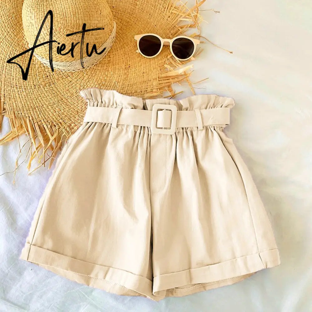 Summer Cotton Shorts Women Casual Loose High Waist Shorts Elegant Women Shorts Femme With Belt Korean Style Шорты Женский Aiertu