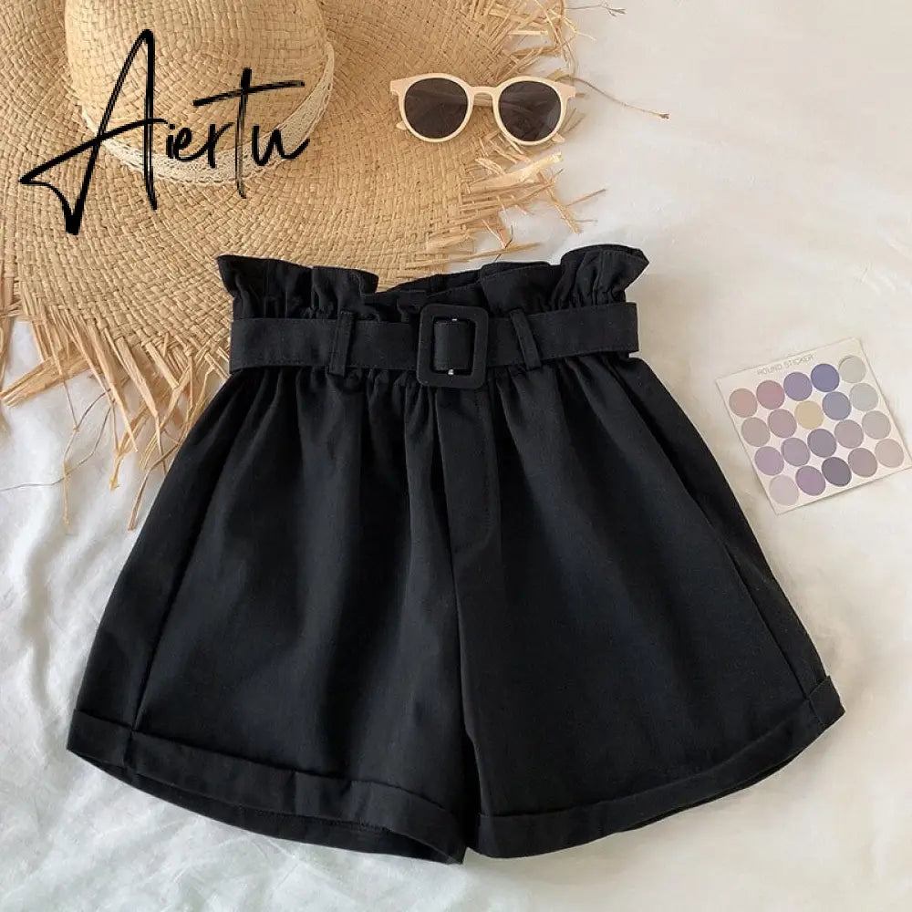 Summer Cotton Shorts Women Casual Loose High Waist Shorts Elegant Women Shorts Femme With Belt Korean Style Шорты Женский Aiertu