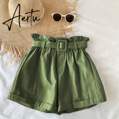 Summer Cotton Shorts Women Casual Loose High Waist Shorts Elegant Women Shorts Femme With Belt Korean Style Шорты Женский Aiertu