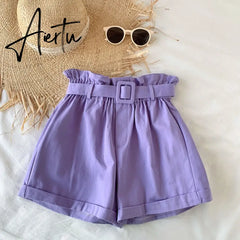 Summer Cotton Shorts Women Casual Loose High Waist Shorts Elegant Women Shorts Femme With Belt Korean Style Шорты Женский Aiertu