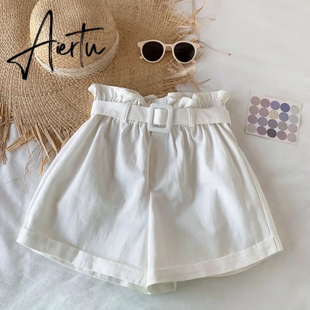 Summer Cotton Shorts Women Casual Loose High Waist Shorts Elegant Women Shorts Femme With Belt Korean Style Шорты Женский Aiertu