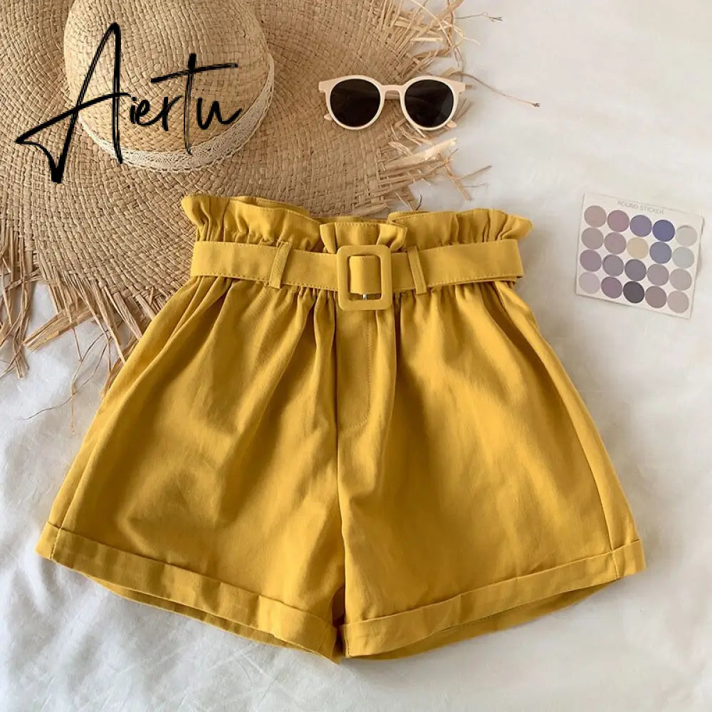 Summer Cotton Shorts Women Casual Loose High Waist Shorts Elegant Women Shorts Femme With Belt Korean Style Шорты Женский Aiertu