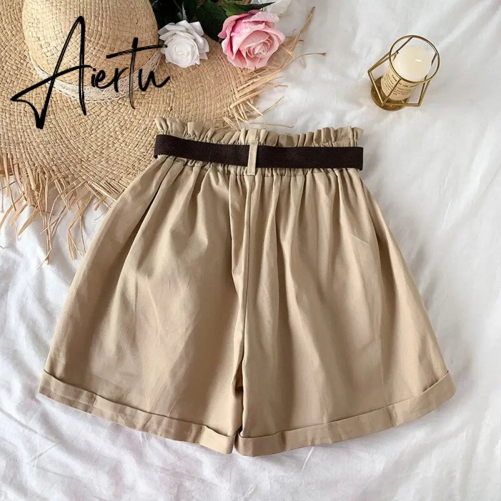 Summer Cotton Shorts Women Casual Loose High Waist Shorts Elegant Women Shorts Femme With Belt Korean Style Шорты Женский Aiertu