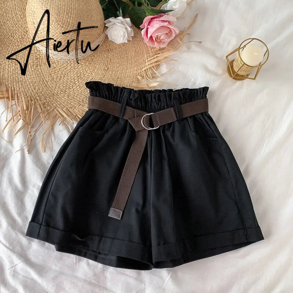 Summer Cotton Shorts Women Casual Loose High Waist Shorts Elegant Women Shorts Femme With Belt Korean Style Шорты Женский Aiertu