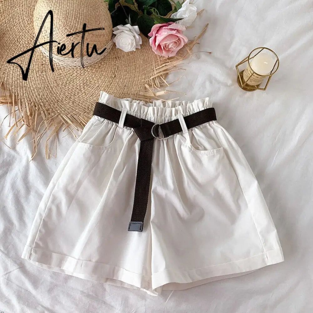 Summer Cotton Shorts Women Casual Loose High Waist Shorts Elegant Women Shorts Femme With Belt Korean Style Шорты Женский Aiertu