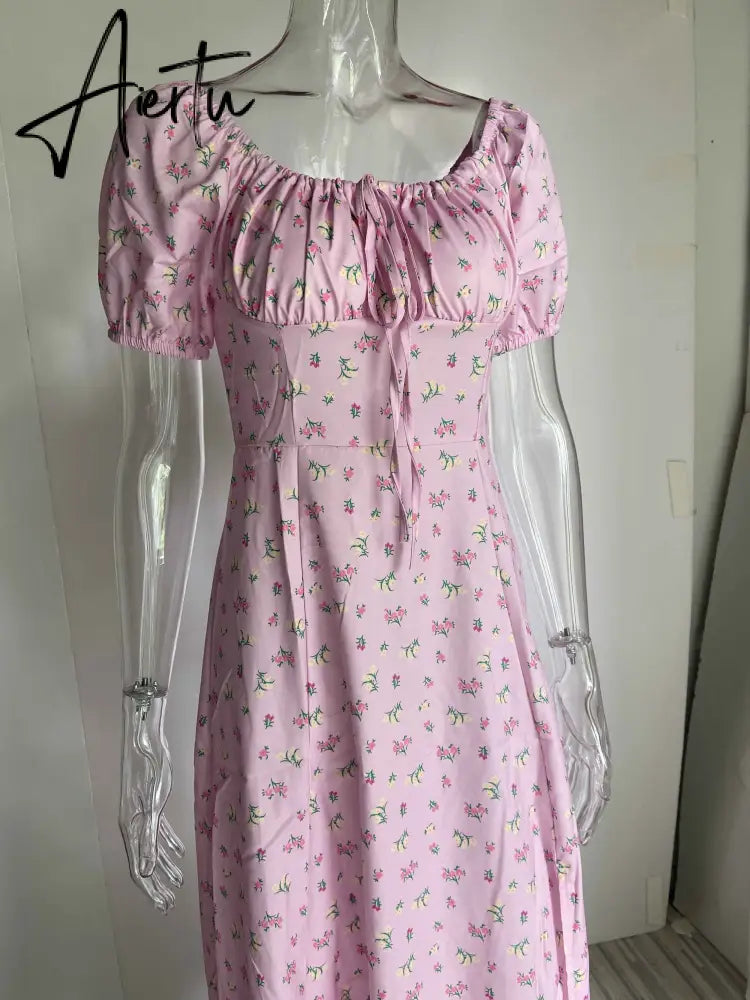 Summer Dress Women Short Puff Sleeve Flroal Printed Ruched Party High Split Long Maxi Dresses Drawstring Sexy Vestidos Sundress Aiertu