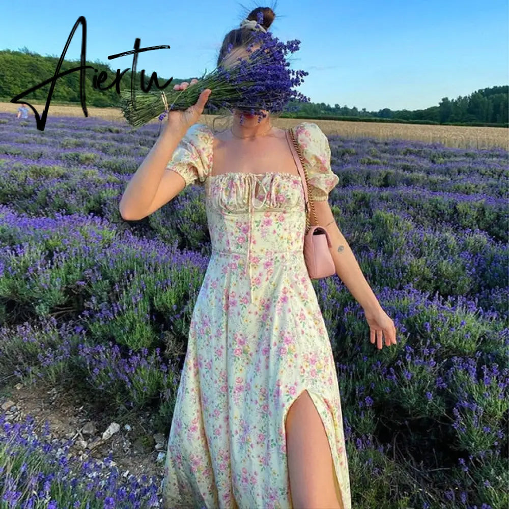 Summer Dress Women Short Puff Sleeve Flroal Printed Ruched Party High Split Long Maxi Dresses Drawstring Sexy Vestidos Sundress Aiertu