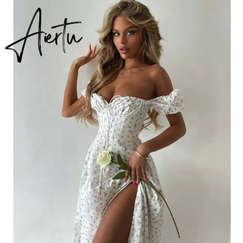 Summer Dress Women Short Puff Sleeve Flroal Printed Ruched Party High Split Long Maxi Dresses Drawstring Sexy Vestidos Sundress Aiertu